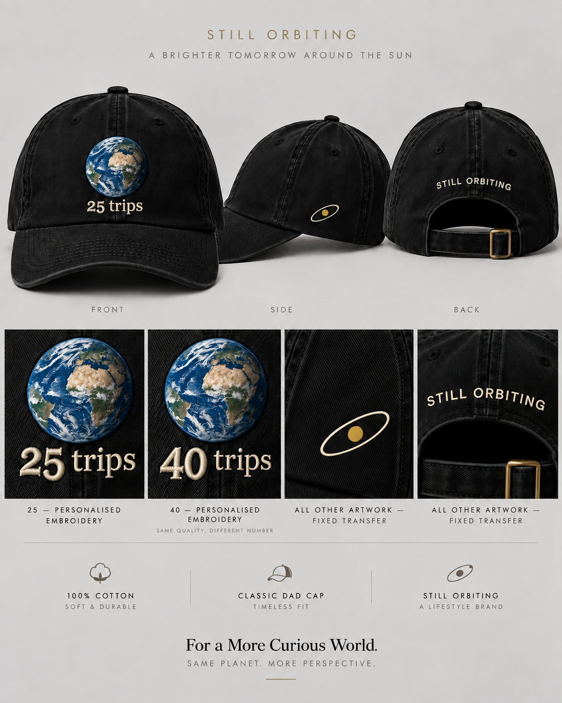 The Still Curious Cap in Cosmic Black: front, back and brand details. Reference artwork; pictured numbers are examples.
