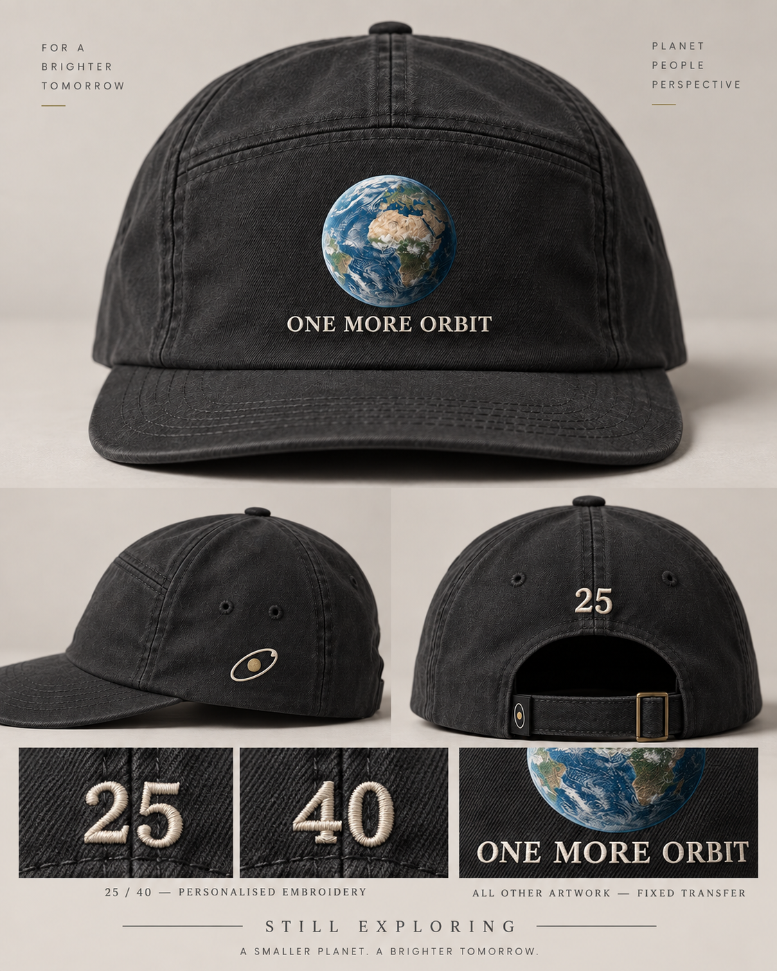 The One More Orbit Cap in Washed Charcoal: front, back and brand details. Reference artwork; pictured numbers are examples.