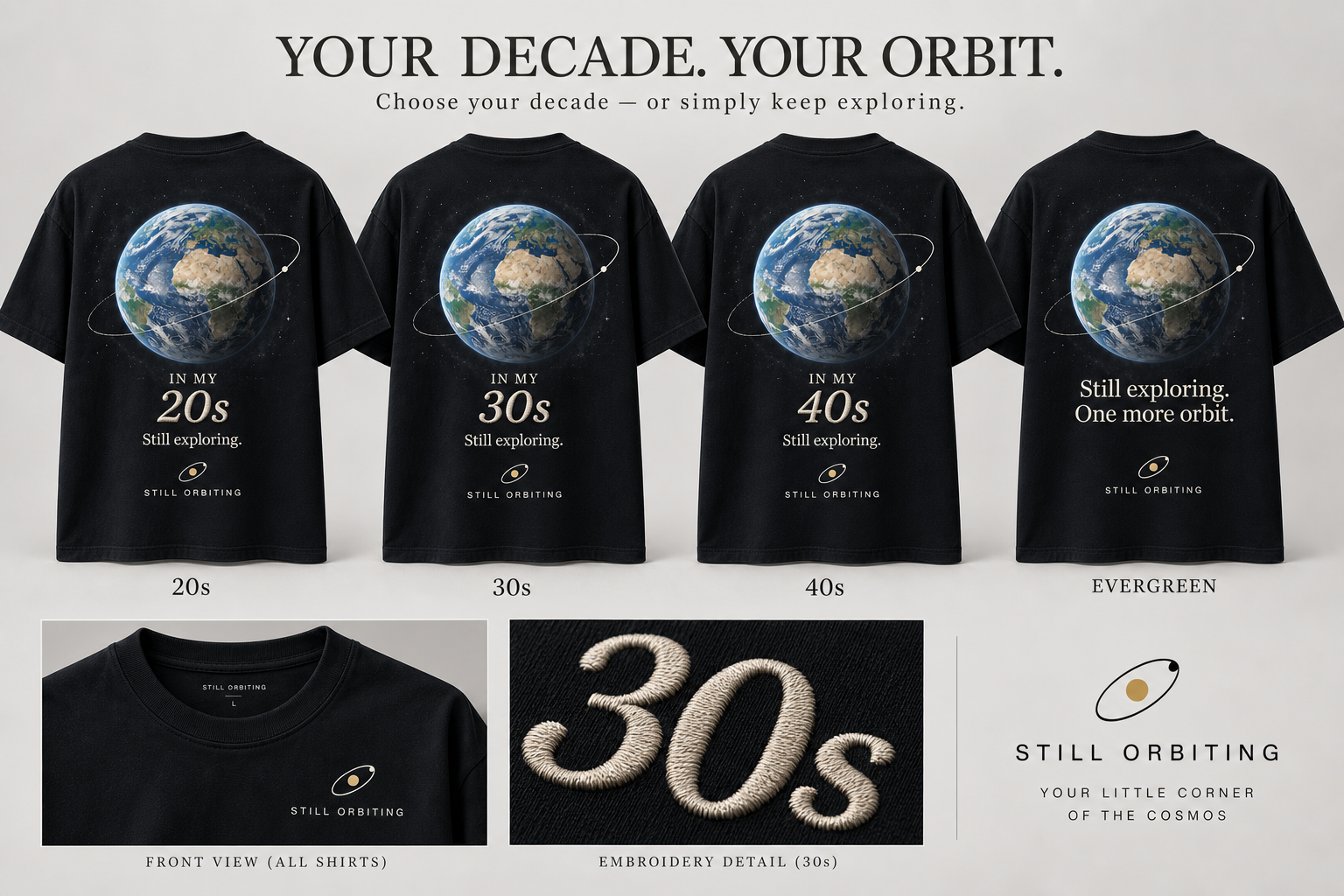 Black tees showing decade and no-number designs