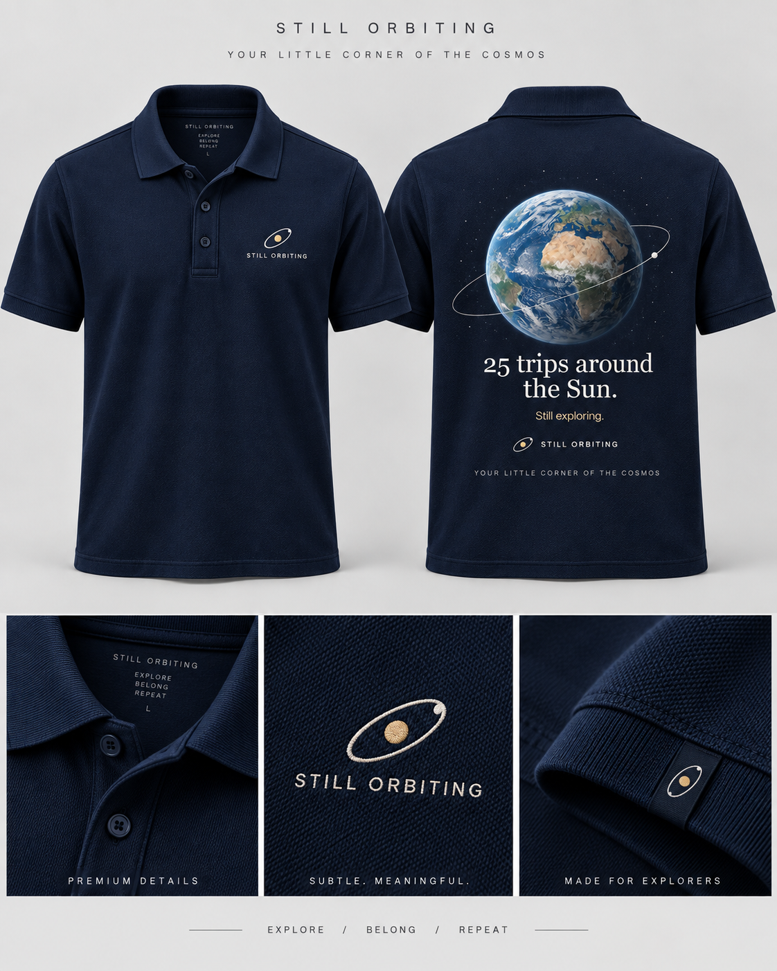 The Explorer Polo in Deep Navy: front, back and brand details. Reference artwork; pictured numbers are examples.